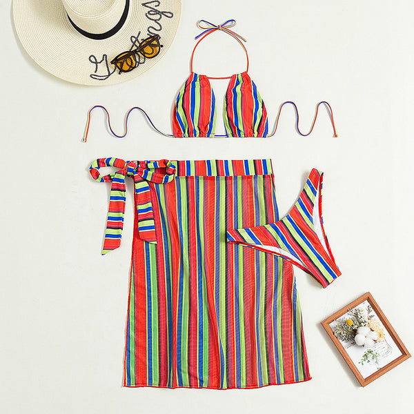 Multicolor Rainbow Beach Swimming Three Pieces Striped Sexy Push Up Multi Strap Bikini Skirt
