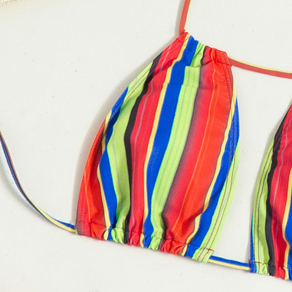 Multicolor Rainbow Beach Swimming Three Pieces Striped Sexy Push Up Multi Strap Bikini Skirt
