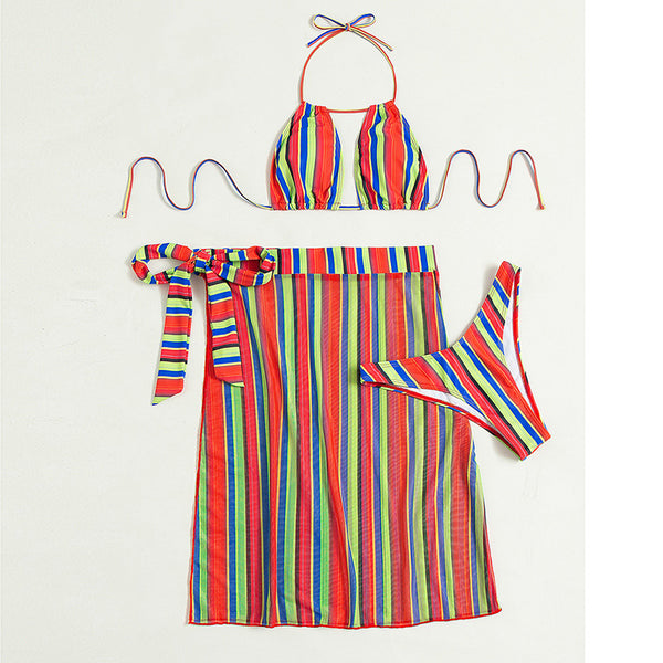 Multicolor Rainbow Beach Swimming Three Pieces Striped Sexy Push Up Multi Strap Bikini Skirt