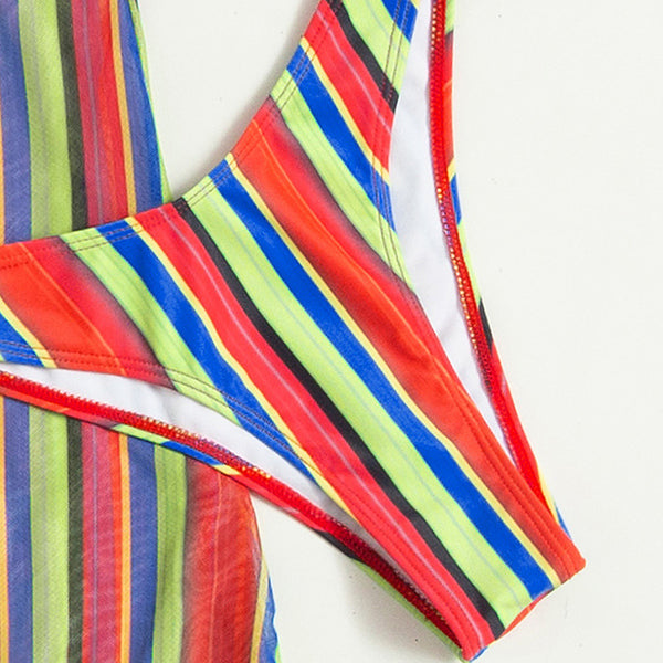 Multicolor Rainbow Beach Swimming Three Pieces Striped Sexy Push Up Multi Strap Bikini Skirt