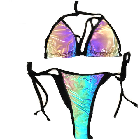 Multicolor Gradient Color Triangle Comfortable Fit Sexy Wrinkled Halter Bikini