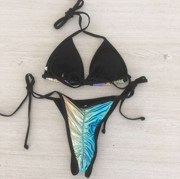 Multicolor Gradient Color Triangle Comfortable Fit Sexy Wrinkled Halter Bikini