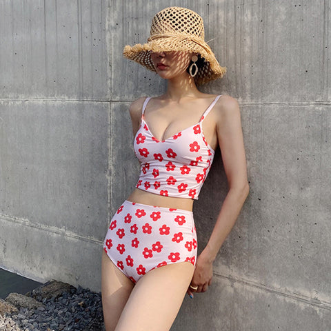 Lovely Cute Style Floral Flower Printed Two Pieces High Waist Women Swimsuit