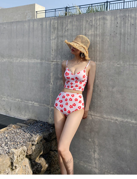 Lovely Cute Style Floral Flower Printed Two Pieces High Waist Women Swimsuit