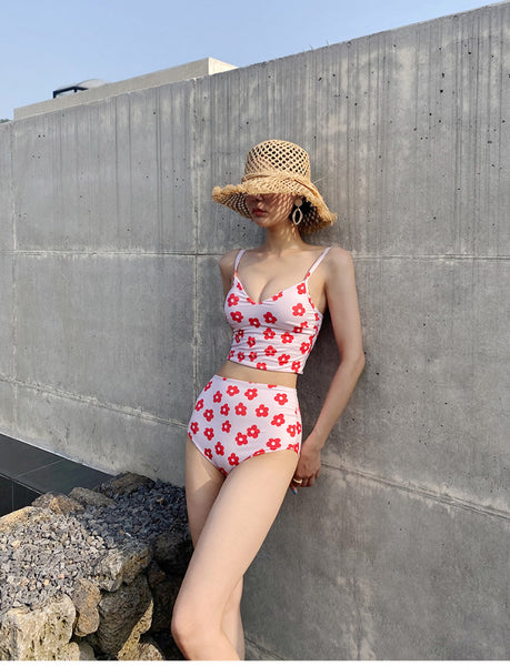 Lovely Cute Style Floral Flower Printed Two Pieces High Waist Women Swimsuit