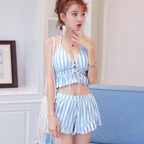 Lovely Beauty Blue Stripe Striped Hot Spring Front Cross Tie Bust Pleated Swimwear Bikini