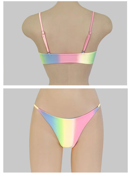 Sunny Women Gradient Pink Blue Yellow Mixed Color Spaghetti Strap Low Waist Bikini