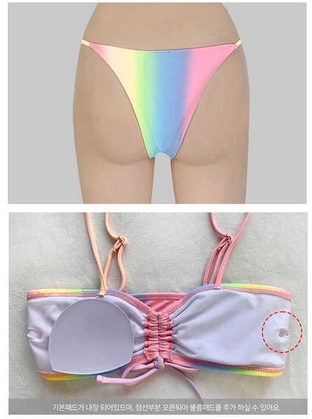 Sunny Women Gradient Pink Blue Yellow Mixed Color Spaghetti Strap Low Waist Bikini