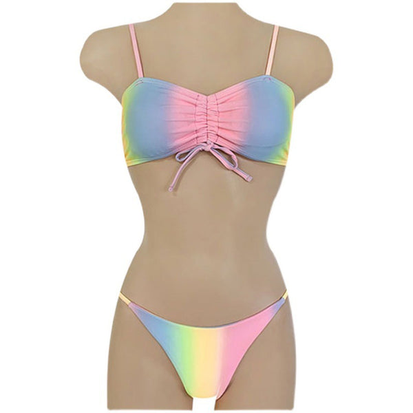 Sunny Women Gradient Pink Blue Yellow Mixed Color Spaghetti Strap Low Waist Bikini