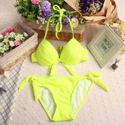 Sexy Solid Fluorescent Color Push Up Bust Triangle Bikini Swimsuit Side Tie Pant Swimwear