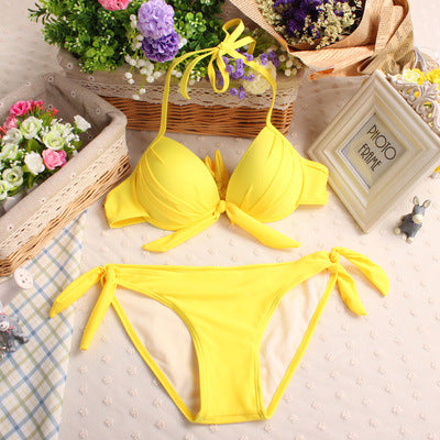 Sexy Solid Fluorescent Color Push Up Bust Triangle Bikini Swimsuit Side Tie Pant Swimwear