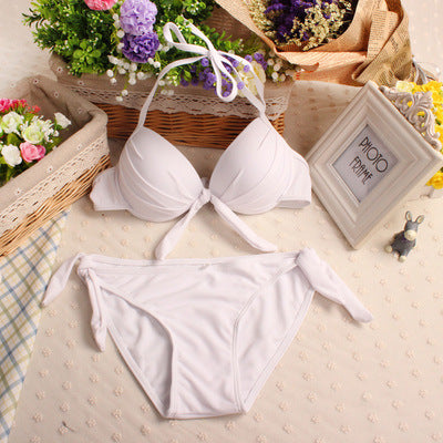 Sexy Solid Fluorescent Color Push Up Bust Triangle Bikini Swimsuit Side Tie Pant Swimwear