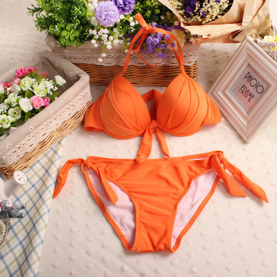 Sexy Solid Fluorescent Color Push Up Bust Triangle Bikini Swimsuit Side Tie Pant Swimwear