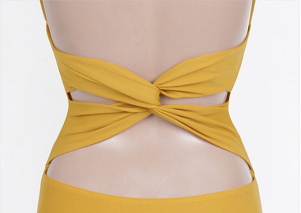 Sexy Women Yellow Solid Color Halter Neck Backless Padded One Piece Swimsuit Swimwear