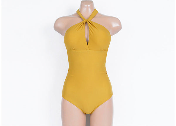 Sexy Women Yellow Solid Color Halter Neck Backless Padded One Piece Swimsuit Swimwear