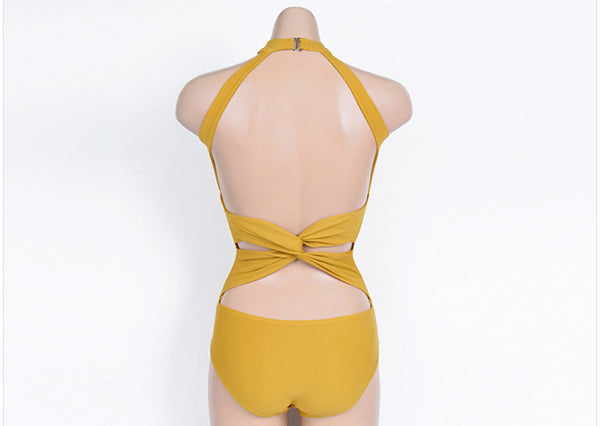 Sexy Women Yellow Solid Color Halter Neck Backless Padded One Piece Swimsuit Swimwear