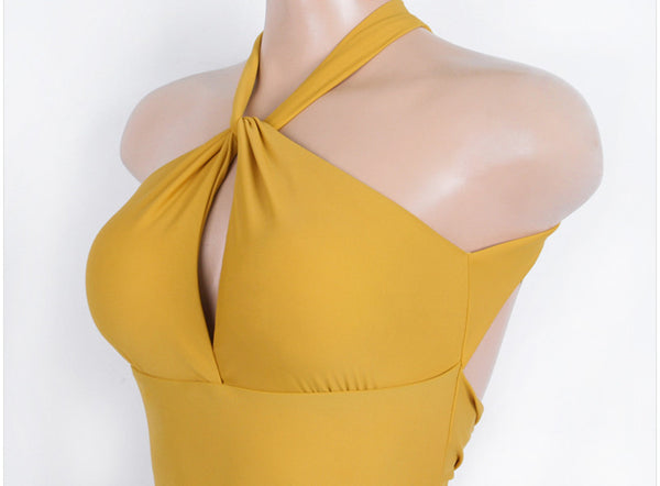 Sexy Women Yellow Solid Color Halter Neck Backless Padded One Piece Swimsuit Swimwear