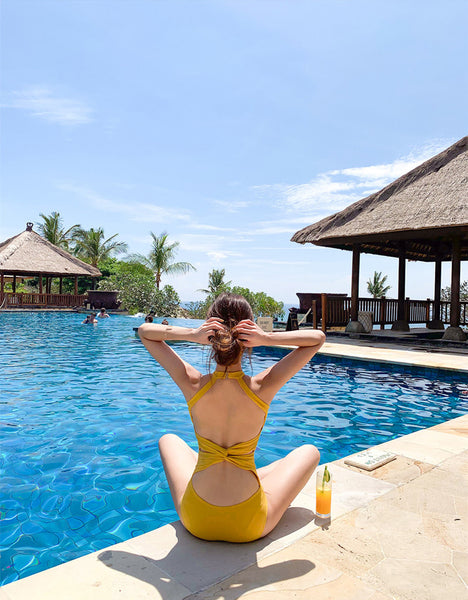 Sexy Women Yellow Solid Color Halter Neck Backless Padded One Piece Swimsuit Swimwear