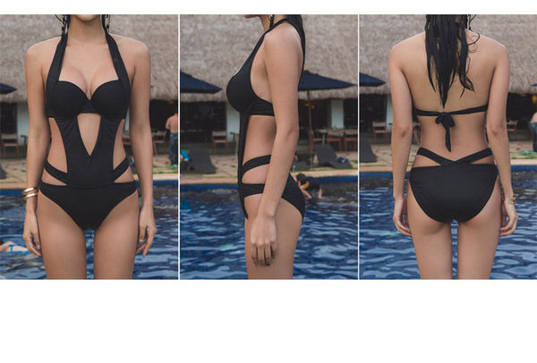 Sexy Women High Cut Backless One Piece Bandage Cross Hollow out Swimsuit Swimwear