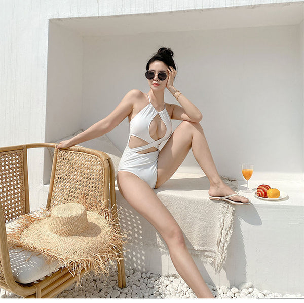 Sexy Ladies Solid Color Halter Neck Hollow Cross One Piece Bikini swimwear Swimsuit