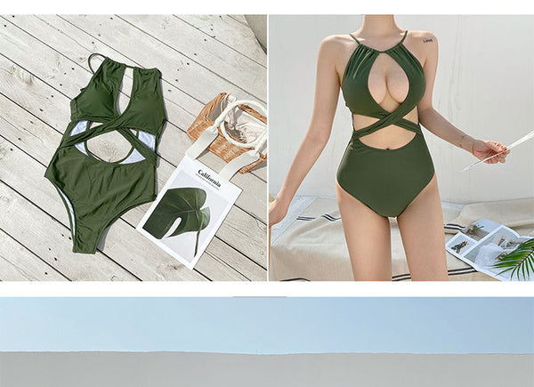 Sexy Ladies Solid Color Halter Neck Hollow Cross One Piece Bikini swimwear Swimsuit