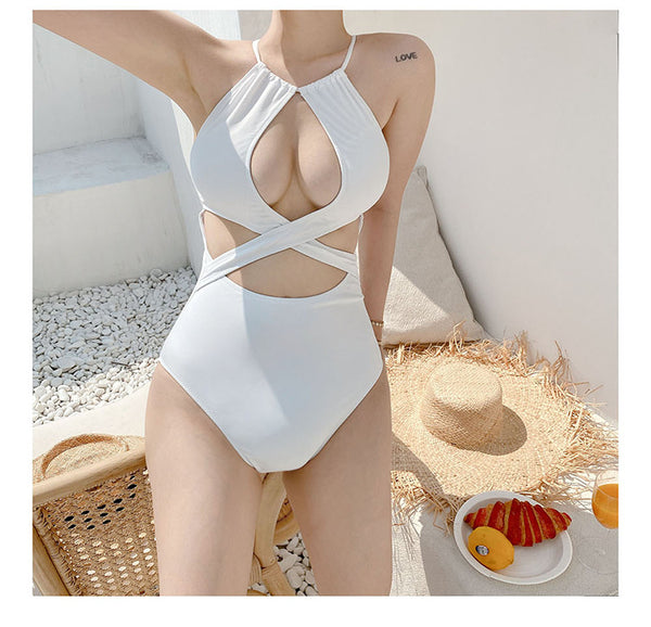 Sexy Ladies Solid Color Halter Neck Hollow Cross One Piece Bikini swimwear Swimsuit