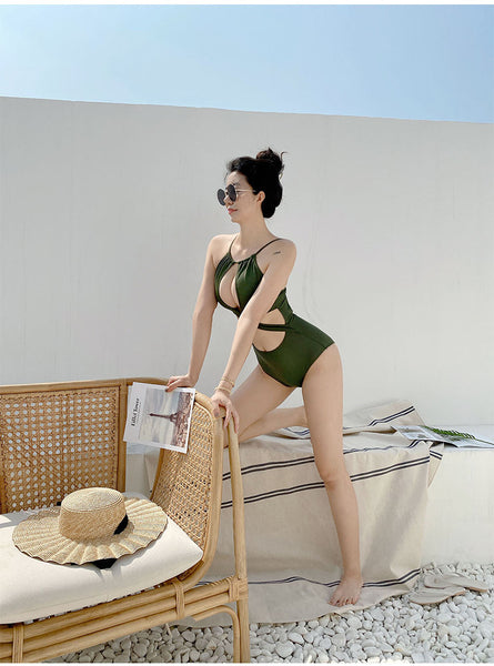 Sexy Ladies Solid Color Halter Neck Hollow Cross One Piece Bikini swimwear Swimsuit