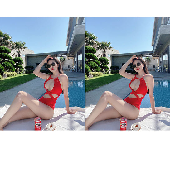 Sexy Ladies Solid Color Halter Neck Hollow Cross One Piece Bikini swimwear Swimsuit