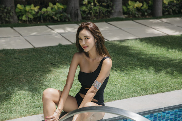 Stylish Chic Beach Party One Shoulder Black Sexy Piece Women Swimwear