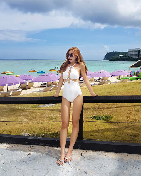 Vacation One Piece High Waist Bottom Swimsuit Sexy Halter Cross Strap Padding Swimsuit