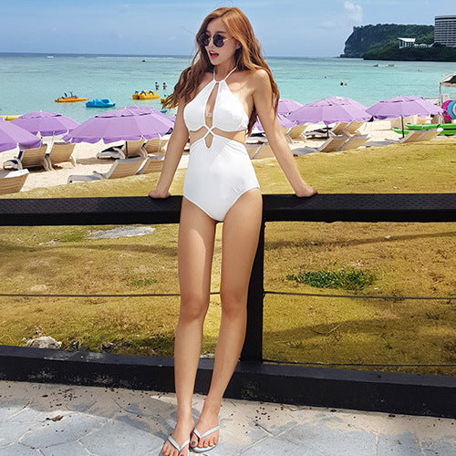 Vacation One Piece High Waist Bottom Swimsuit Sexy Halter Cross Strap Padding Swimsuit
