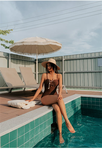 Beach Sunny Day Women Swimsuit Solid Color One Piece Sexy Wrap Bust Bikini Swim Suit Swimwear
