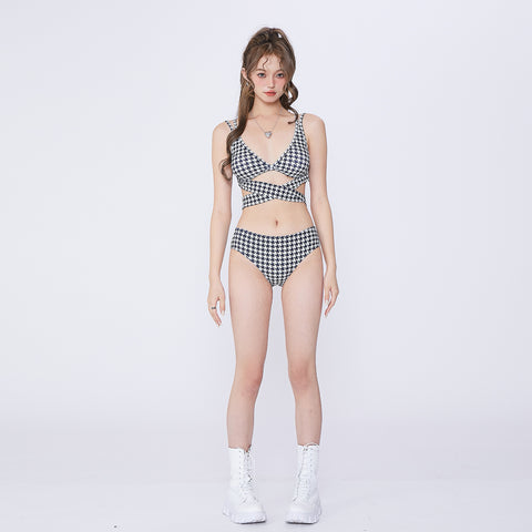 Women Amazing Hollow Out Black Geometric Print Pattern Bandage Bra Panty set Swimsuit Bikini
