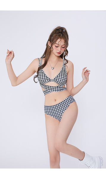 Women Amazing Hollow Out Black Geometric Print Pattern Bandage Bra Panty set Swimsuit Bikini