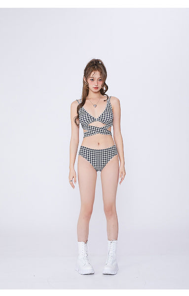 Women Amazing Hollow Out Black Geometric Print Pattern Bandage Bra Panty set Swimsuit Bikini