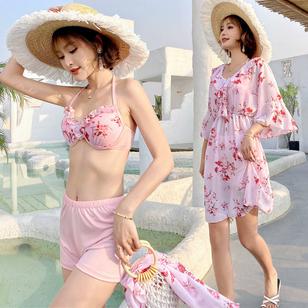 Beautiful Summer Beach Suit 3 in 1 piece Ruffle Round Neck Floral Skirt Halter Strap Flower Printed Top Bikini Beachsuit