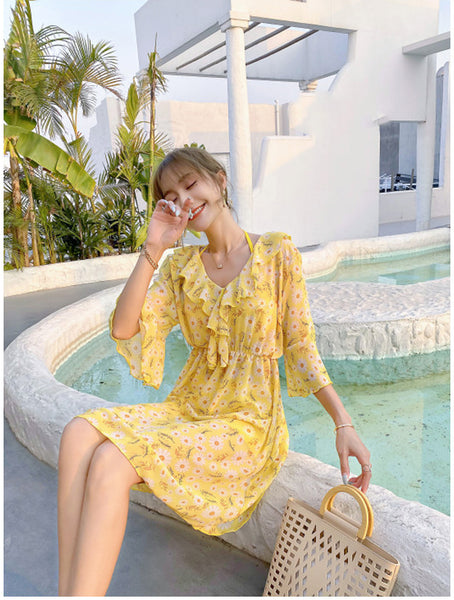 Beautiful Summer Beach Suit 3 in 1 piece Ruffle Round Neck Floral Skirt Halter Strap Flower Printed Top Bikini Beachsuit