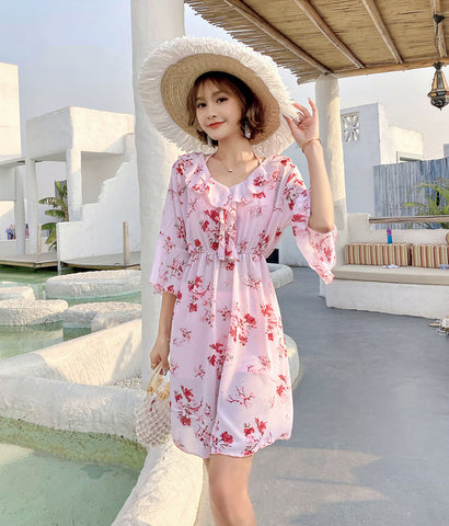 Beautiful Summer Beach Suit 3 in 1 piece Ruffle Round Neck Floral Skirt Halter Strap Flower Printed Top Bikini Beachsuit