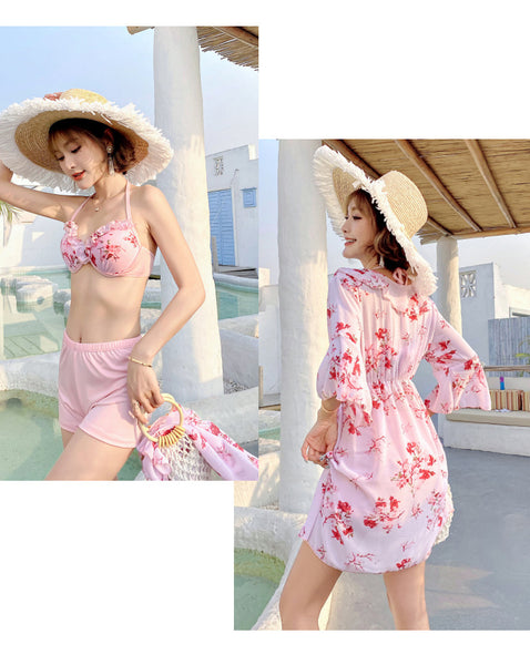 Beautiful Summer Beach Suit 3 in 1 piece Ruffle Round Neck Floral Skirt Halter Strap Flower Printed Top Bikini Beachsuit