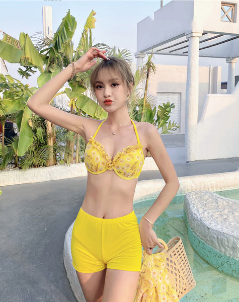 Beautiful Summer Beach Suit 3 in 1 piece Ruffle Round Neck Floral Skirt Halter Strap Flower Printed Top Bikini Beachsuit