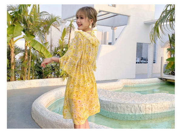 Beautiful Summer Beach Suit 3 in 1 piece Ruffle Round Neck Floral Skirt Halter Strap Flower Printed Top Bikini Beachsuit
