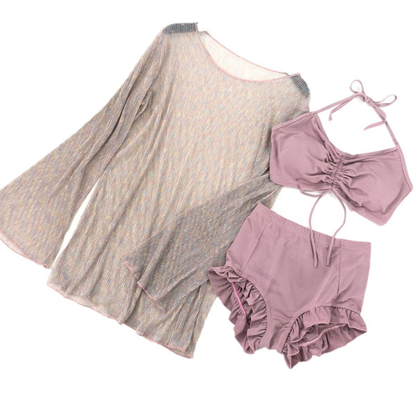 Look Perfect Sexy Pink Bath Wear 3 piece Sunscreen Suit Padded Pleated Top Bottom Swimsuit Bikini
