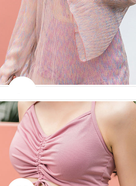 Look Perfect Sexy Pink Bath Wear 3 piece Sunscreen Suit Padded Pleated Top Bottom Swimsuit Bikini