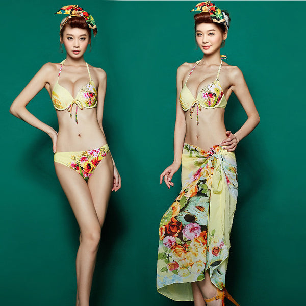 Great Look Women Floral Tie Dyed 3 Pieces Sets Swimsuit Push Up Halter Bra Thong Sunscreen Bathing Suit Bikini