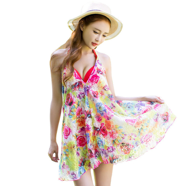 Sexy Chic Women Colorful Floral Sunscreen Scarves Veil Cover Up Halter Swimdress Open Back Swimsuit