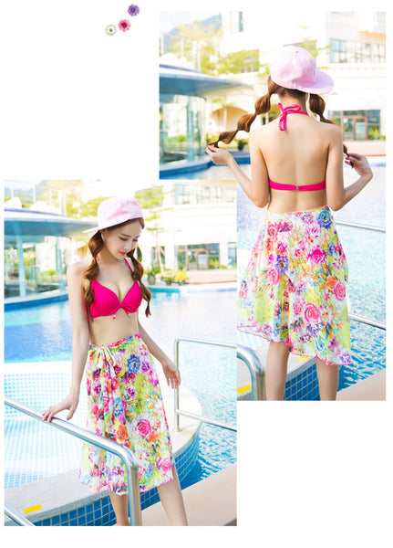 Sexy Chic Women Colorful Floral Sunscreen Scarves Veil Cover Up Halter Swimdress Open Back Swimsuit