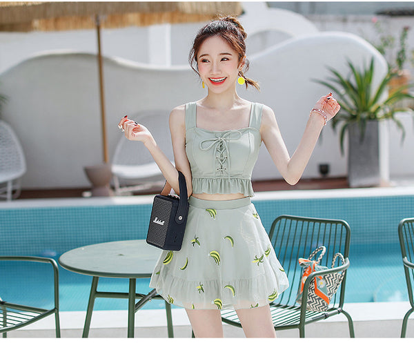 Hot spring Women 3 in 1 Skirt Retro Sweet Bow Tie Ruffled Printed Banana Logo Pattern Sling Swimsuit