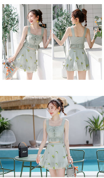 Hot spring Women 3 in 1 Skirt Retro Sweet Bow Tie Ruffled Printed Banana Logo Pattern Sling Swimsuit