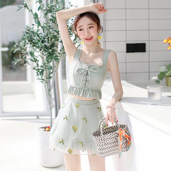 Hot spring Women 3 in 1 Skirt Retro Sweet Bow Tie Ruffled Printed Banana Logo Pattern Sling Swimsuit
