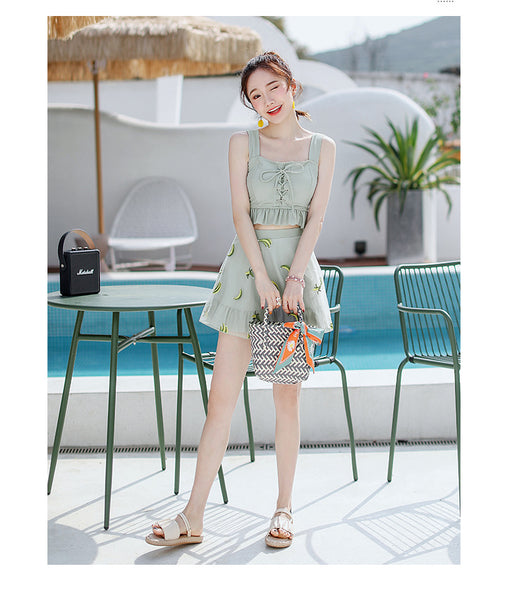 Hot spring Women 3 in 1 Skirt Retro Sweet Bow Tie Ruffled Printed Banana Logo Pattern Sling Swimsuit